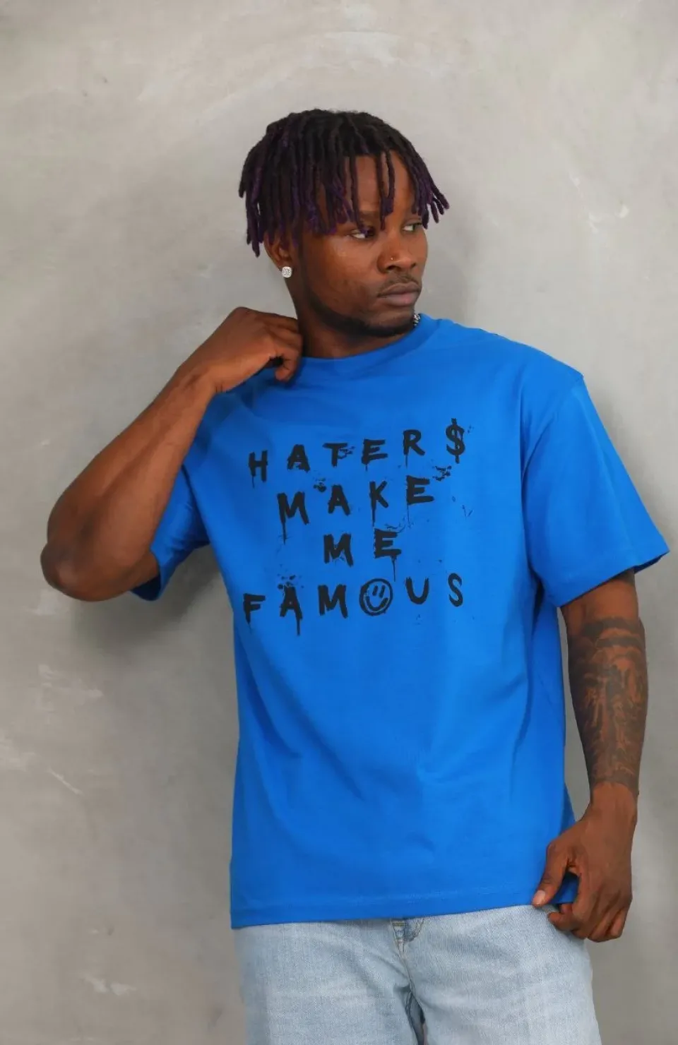 Unisex Oversize Baskılı Bisiklet Yaka T-Shirt - Mavi