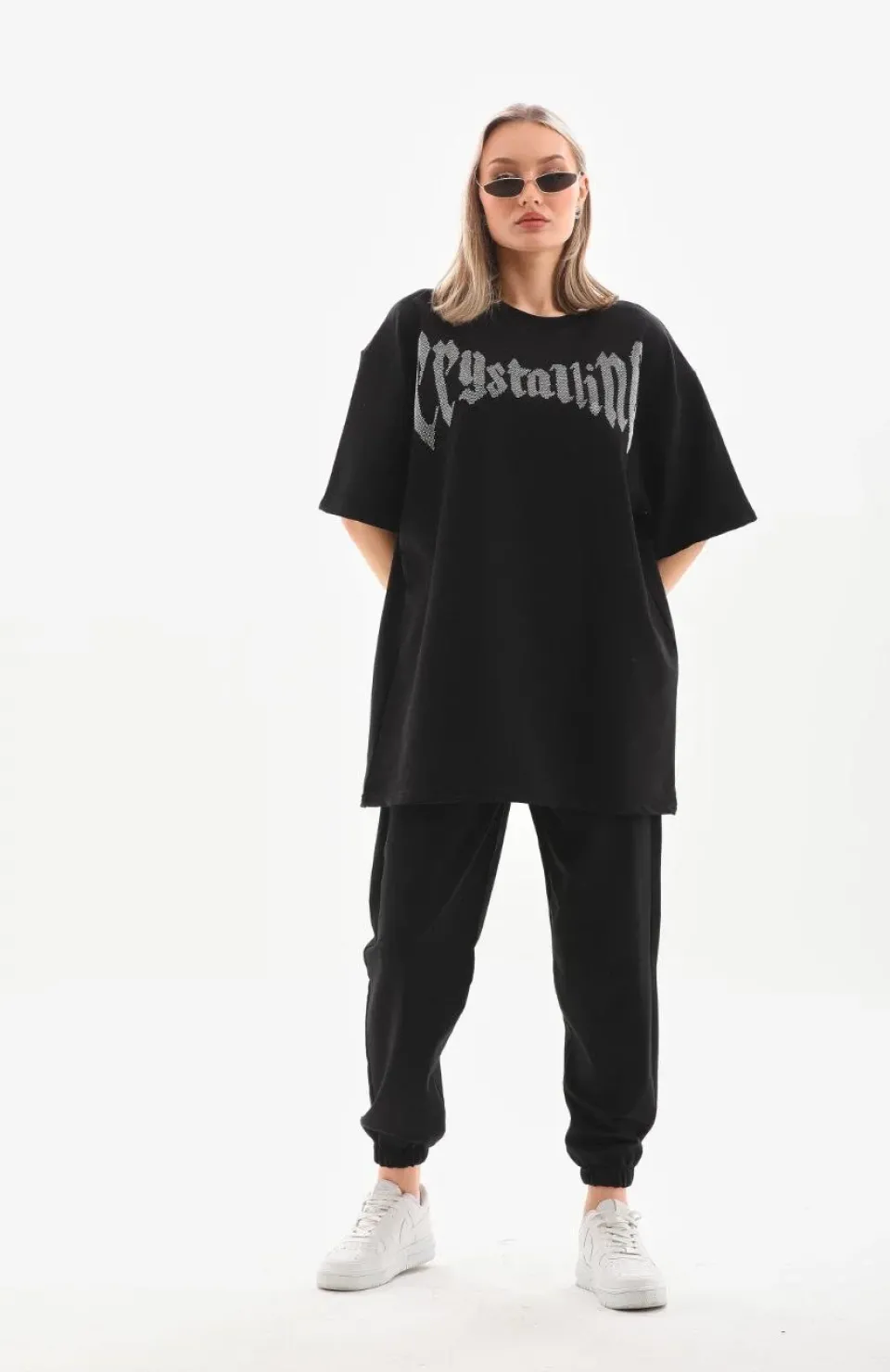 Unisex Taş Desenli Oversize T-Shirt - Beyaz