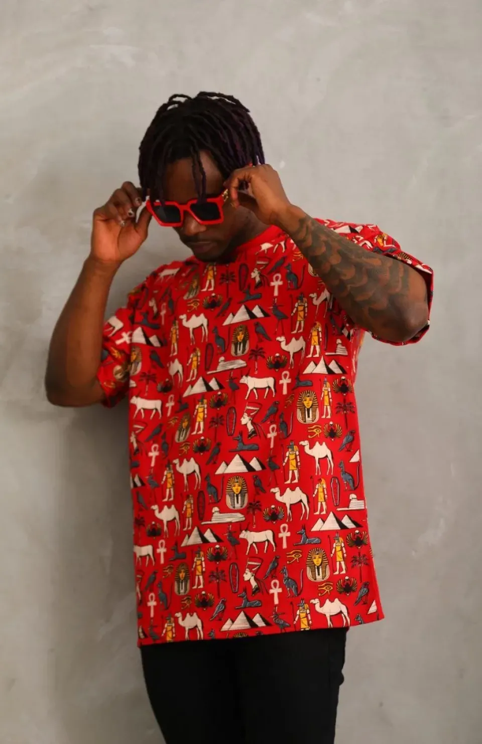 Unisex Oversize Baskılı Bisiklet Yaka T-Shirt - Kırmızı