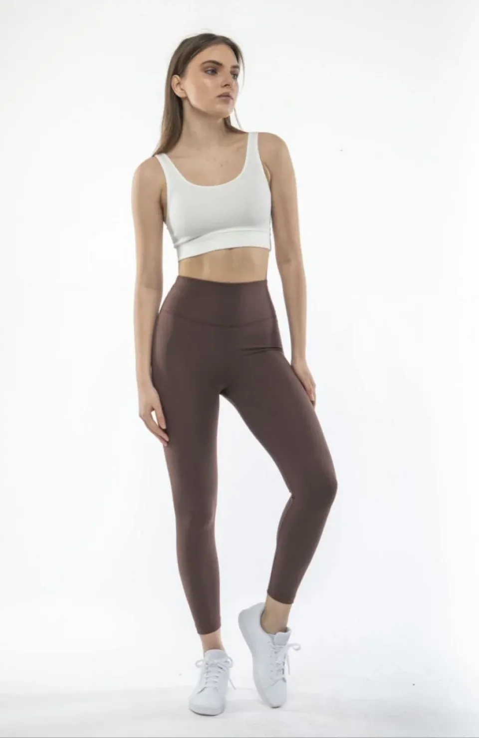Kadın Yüksek Bel Sporcu Düz Tayt - Kahverengi
