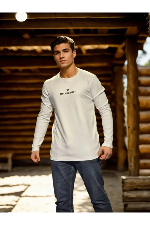 Unisex Bisiklet Yaka Uzun Kollu T-Shirt - Beyaz