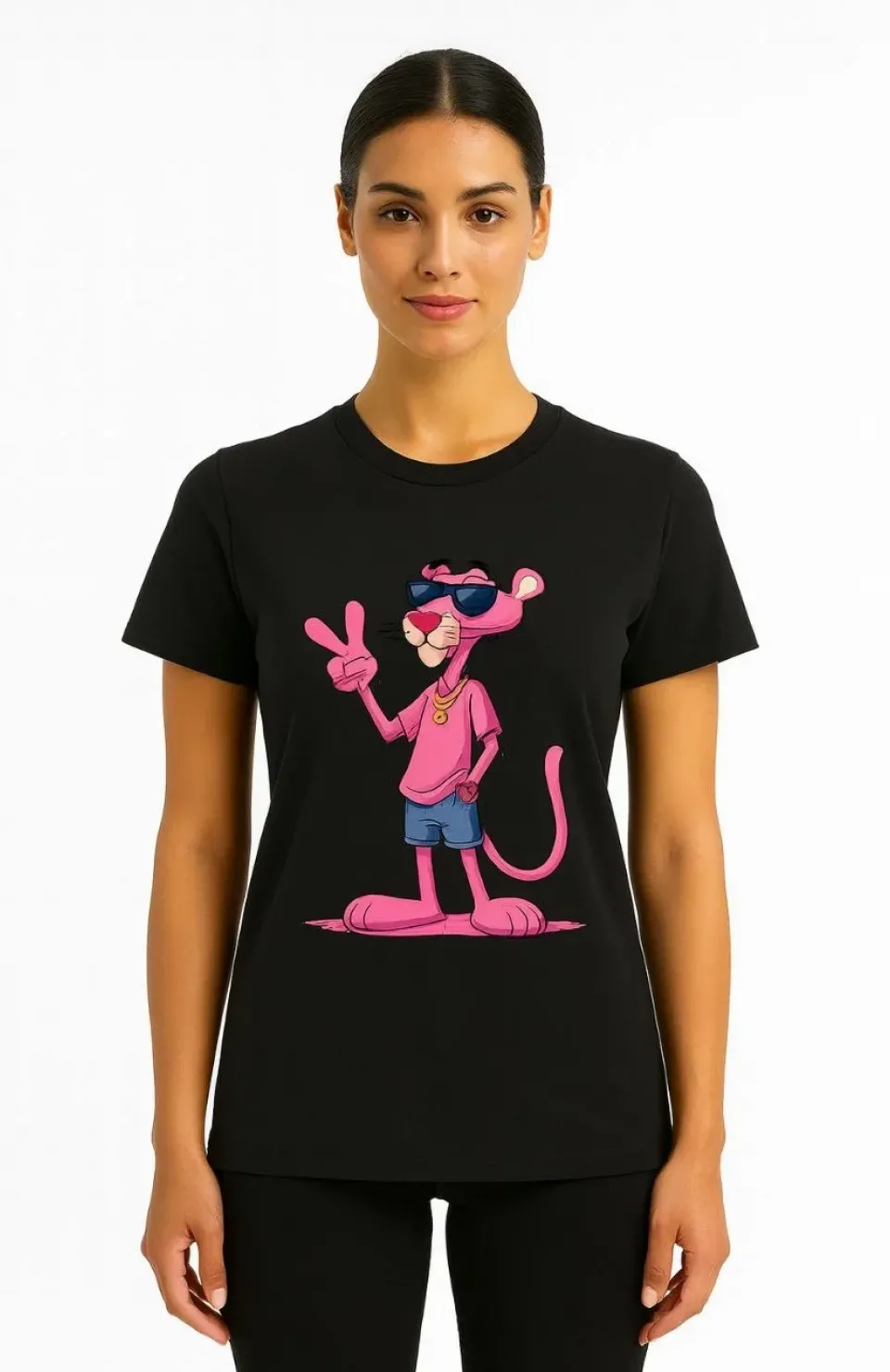 Kadın Bisiklet Yaka Kısa Kollu Baskılı T-shirt - Siyah