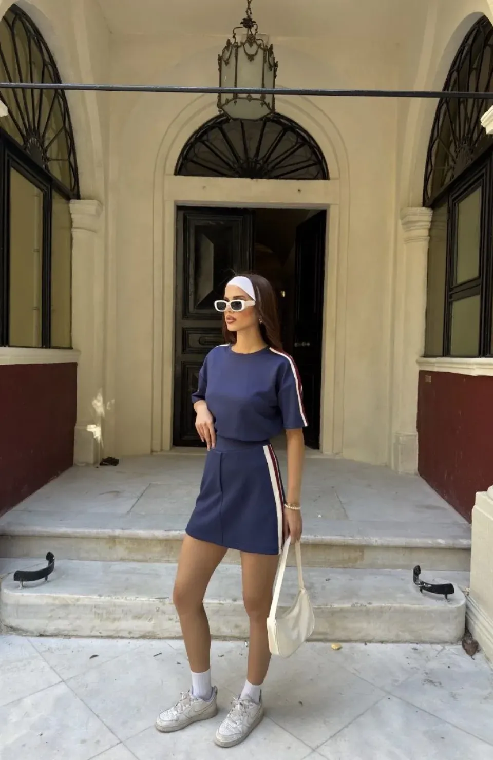 Osy Modal yumuşak dokulu Kumaş Kadın Parçalı Bisiklet Yaka T-shirt Mini Şortlu Etek İkili Takım -Lacivert