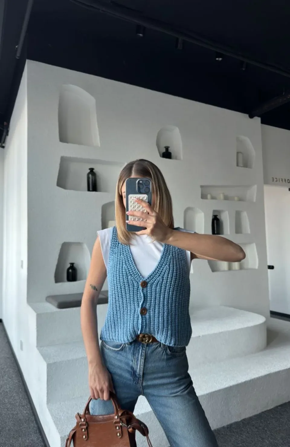 Triko Kolsuz Düğmeli Yelek - Mavi