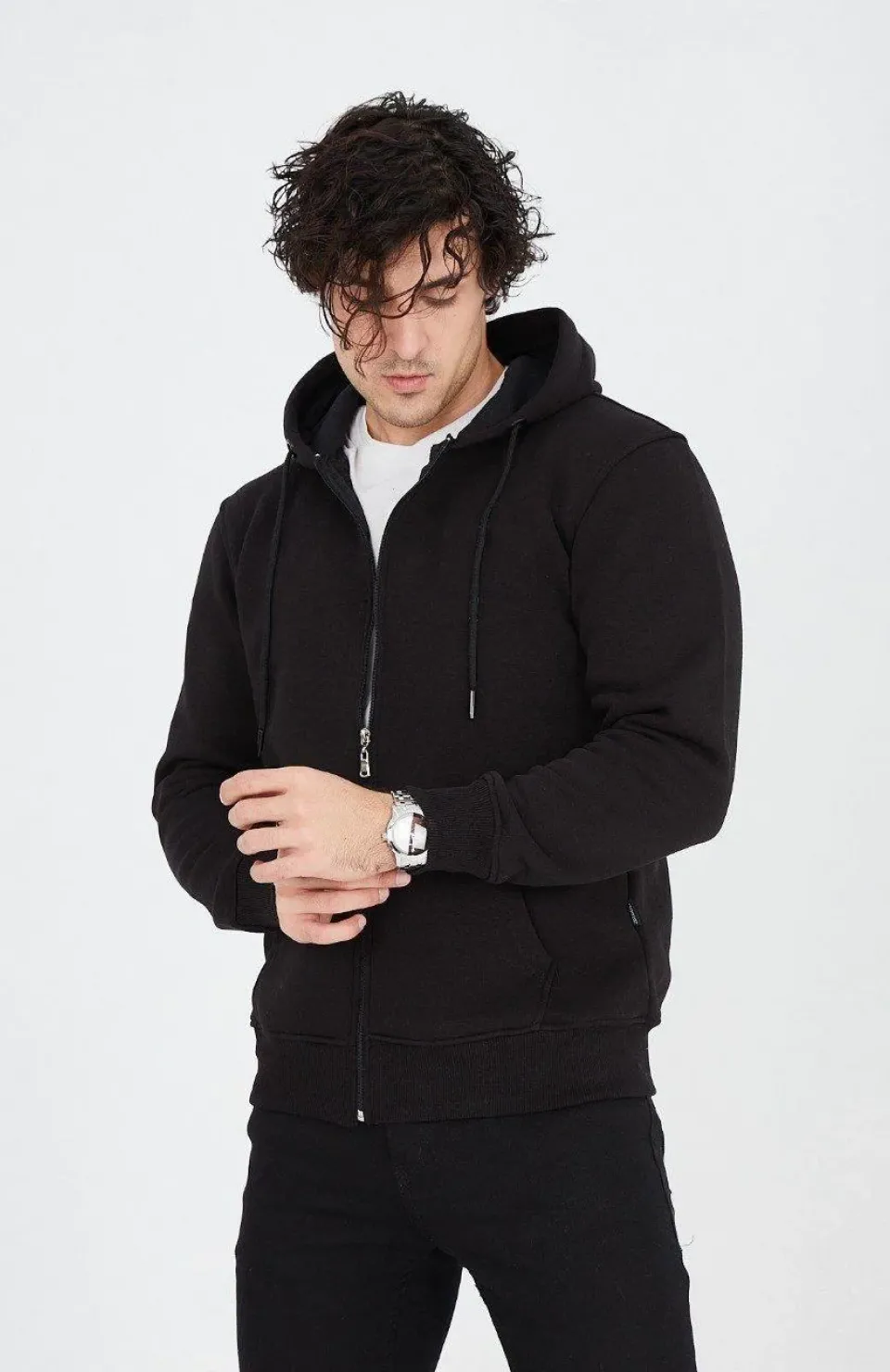 Erkek Kapüşonlu Düz Fermuarlı Hırka - Siyah