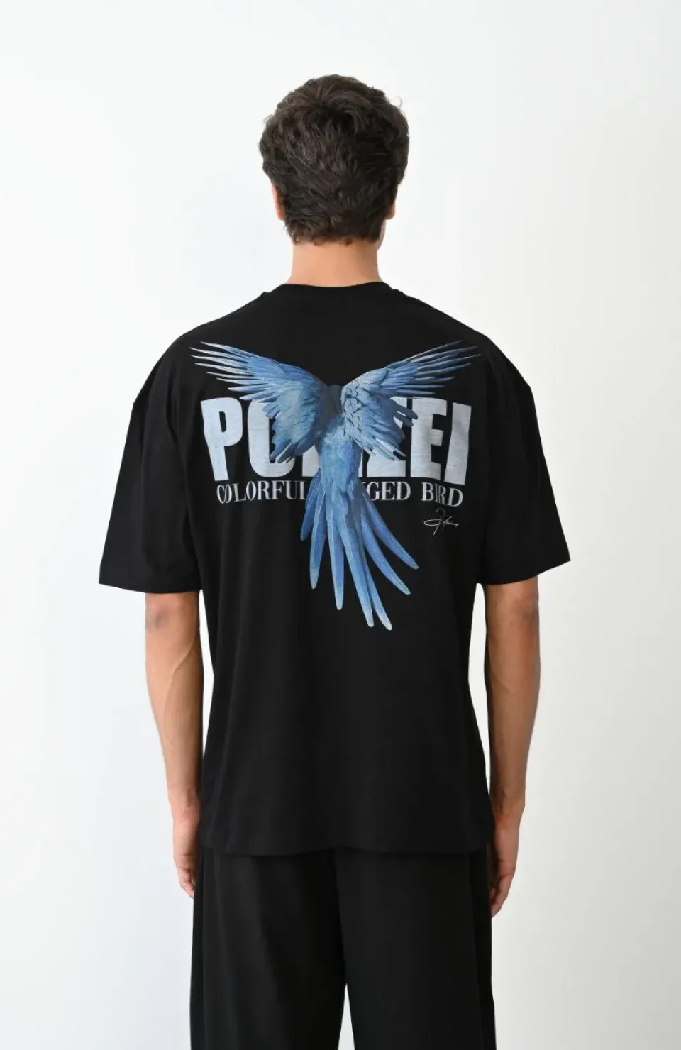 Unisex Bisiklet Yaka Baskılı Oversize T-Shirt - Siyah