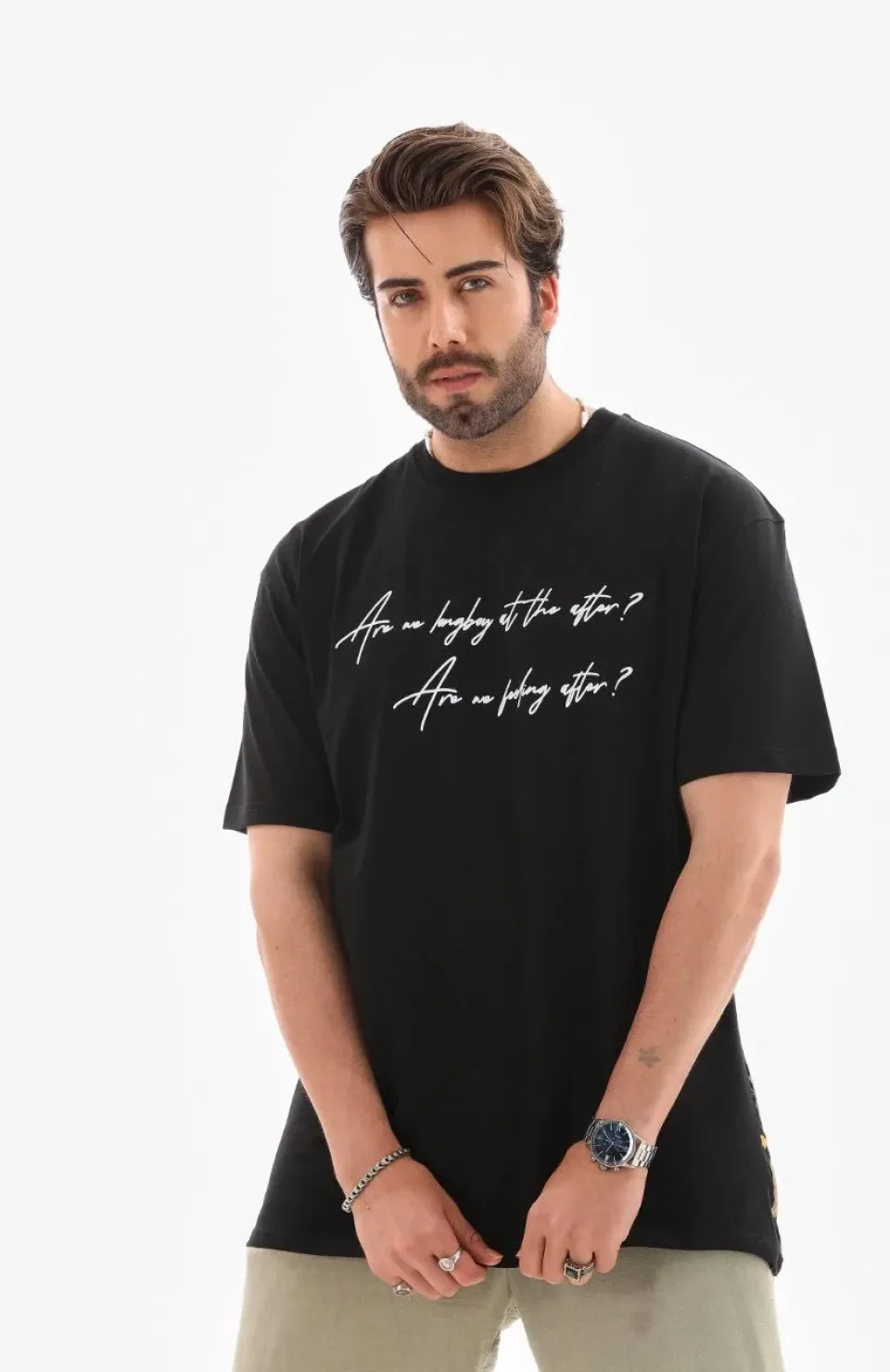 Unisex Bisiklet Yaka Baskılı Oversize T-Shirt - Siyah Somersan Giyim | Kadın, Erkek ve Çocuk Moda