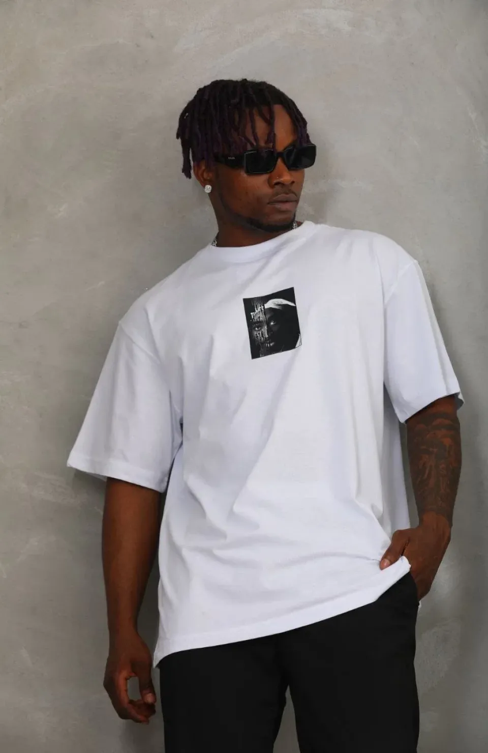 Unisex Oversize Baskılı Bisiklet Yaka T-Shirt - Beyaz