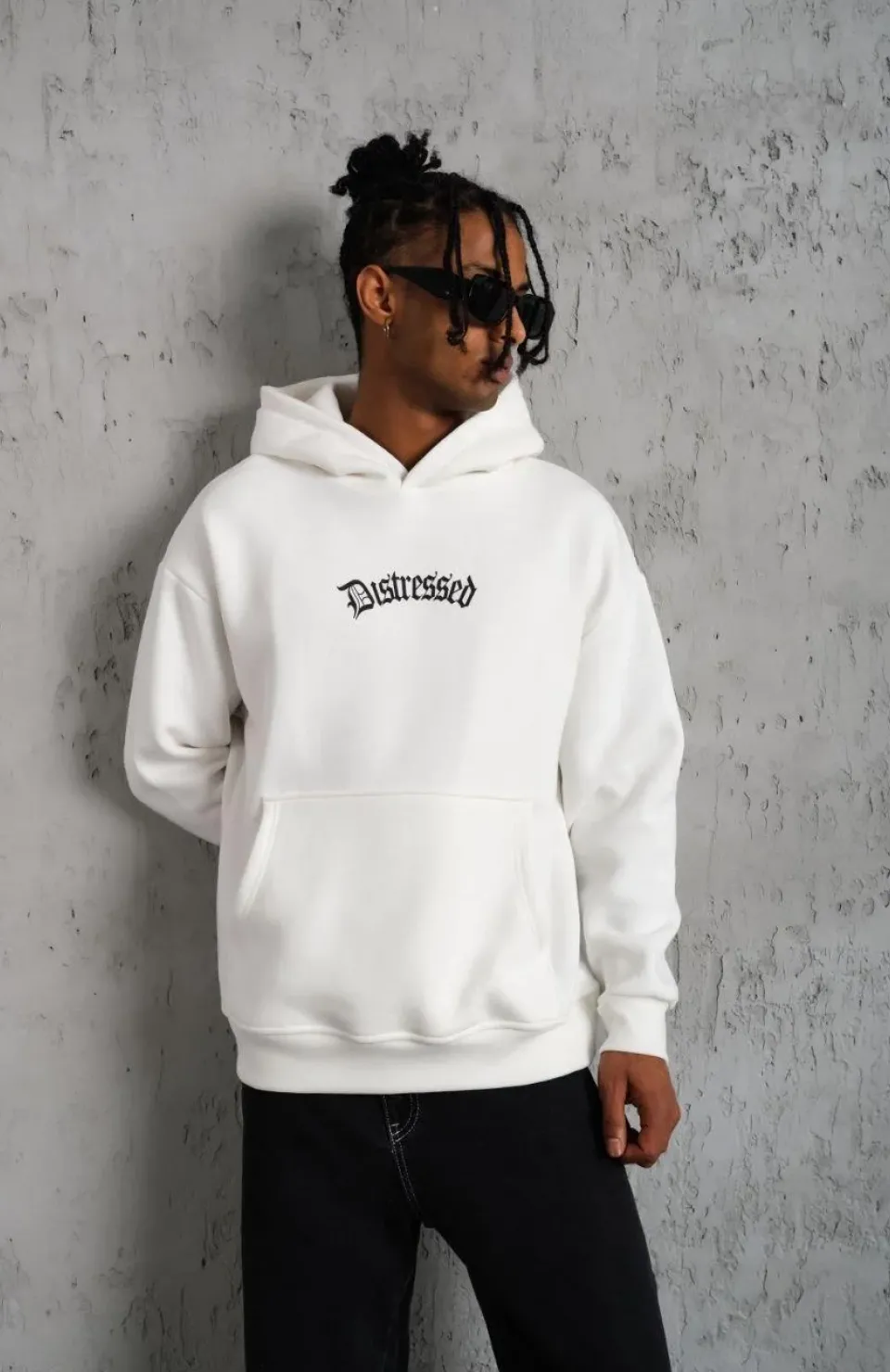 Erkek Üç İplik Baskılı Kapüşonlu Sweat - Beyaz