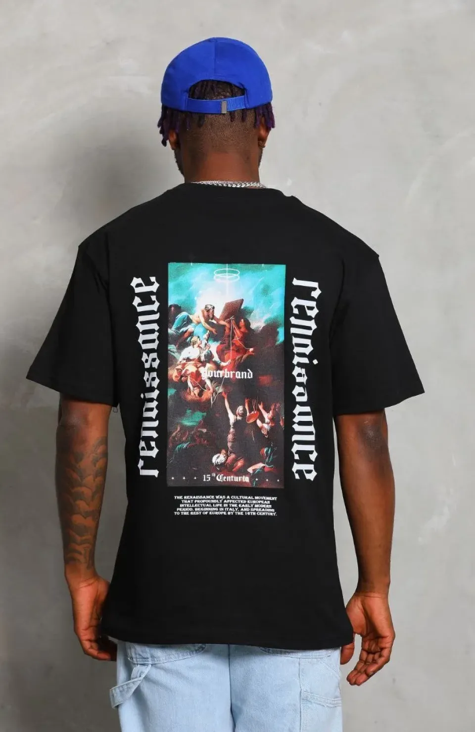 Unisex Oversize Baskılı Bisiklet Yaka T-Shirt - Siyah