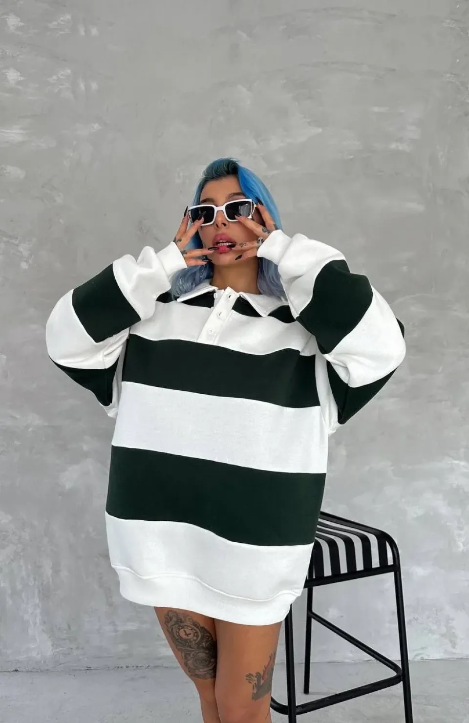 Unisex Üç İplik Parçalı Yakalı SweatShirt - Yeşil