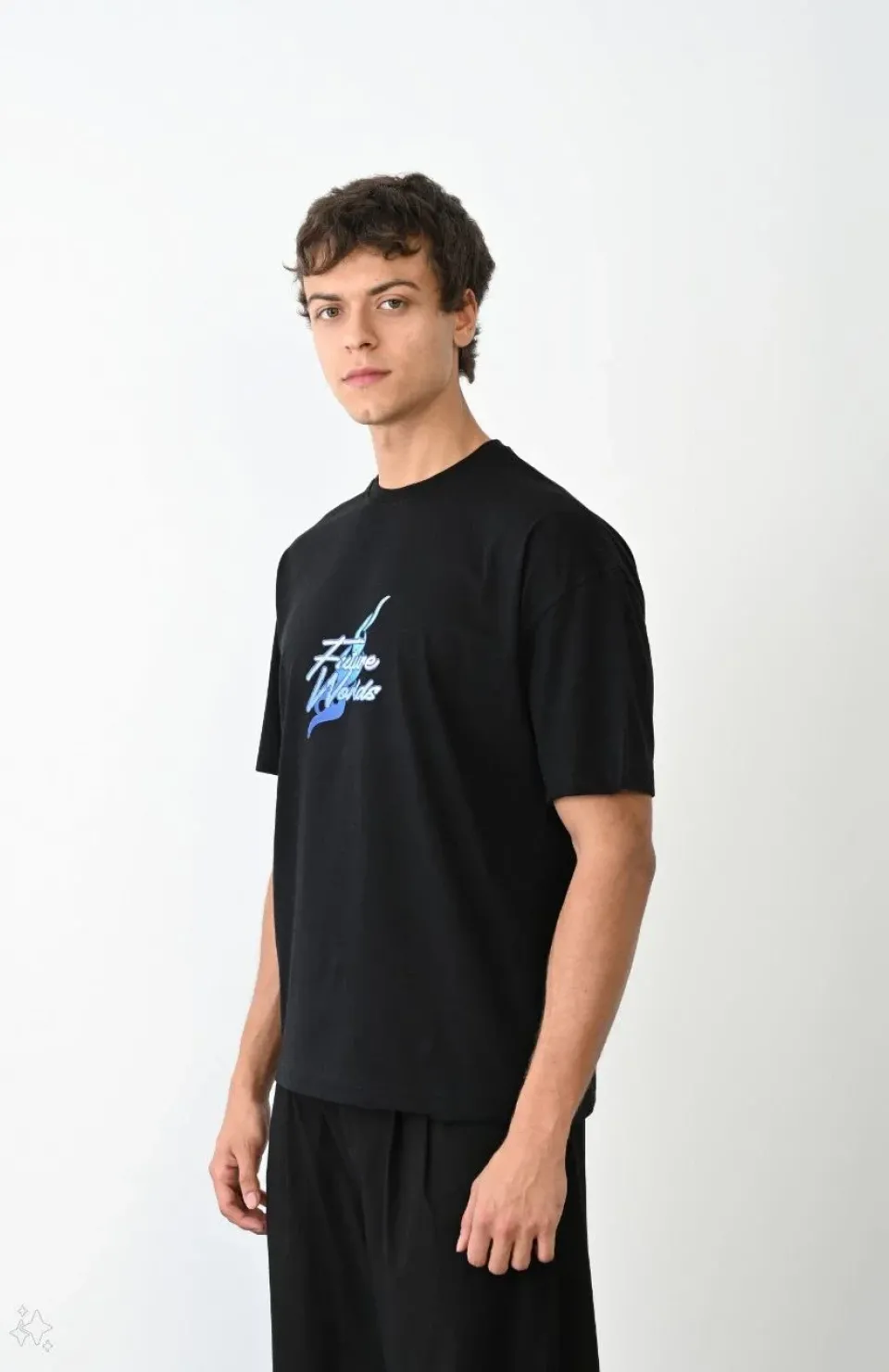 Unisex Bisiklet Yaka Baskılı Oversize T-Shirt - Siyah