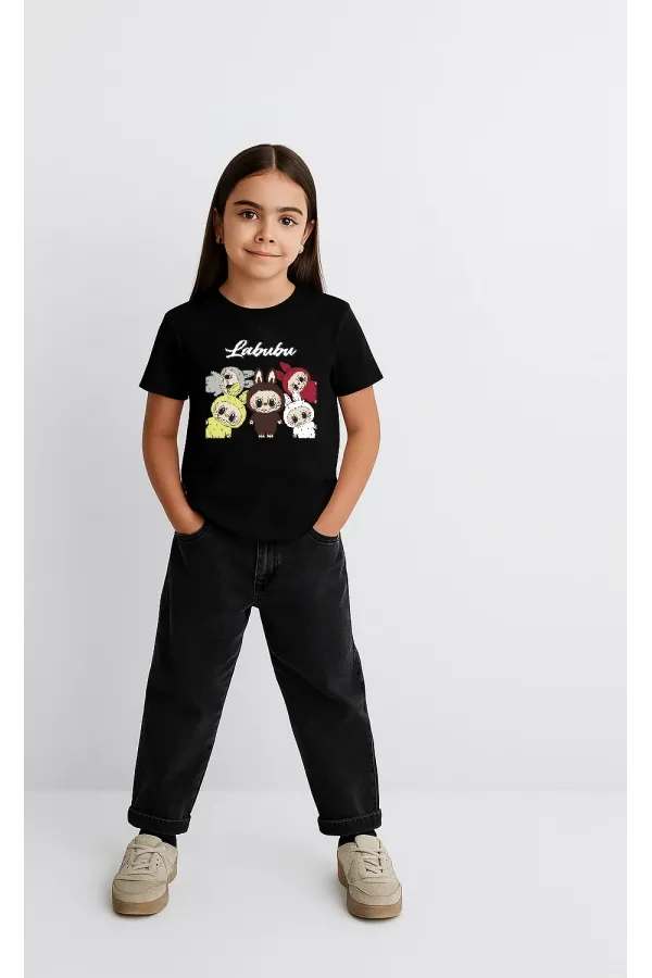 Kız Labubu Çocuk Baskılı T-Shirt - Siyah