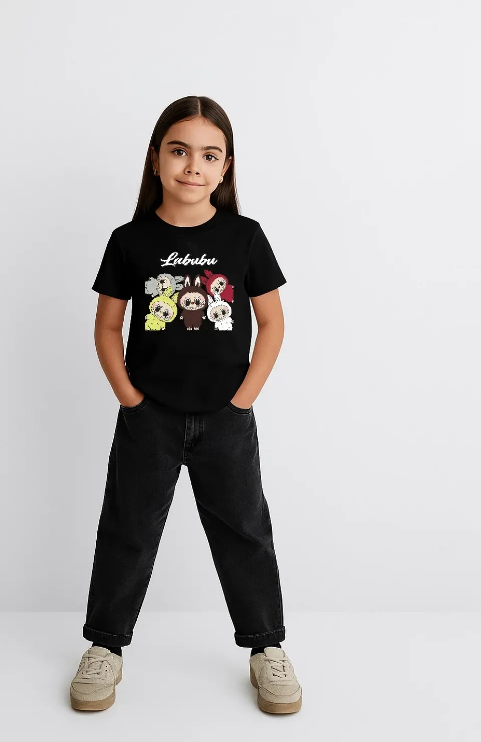 Kız Labubu Çocuk Baskılı T-Shirt - Siyah