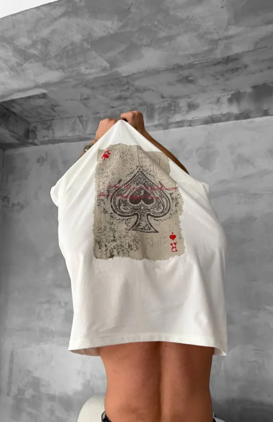 Ön ve Arka Baskılı Oversize Bisiklet Yaka T-shirt - Beyaz