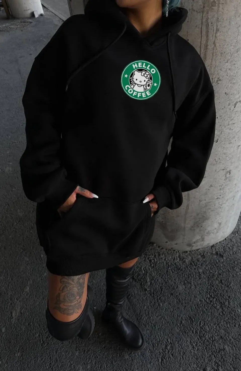 Üç İplik Penye Uzun Kol Kapüşonlu SweatShirt - Siyah