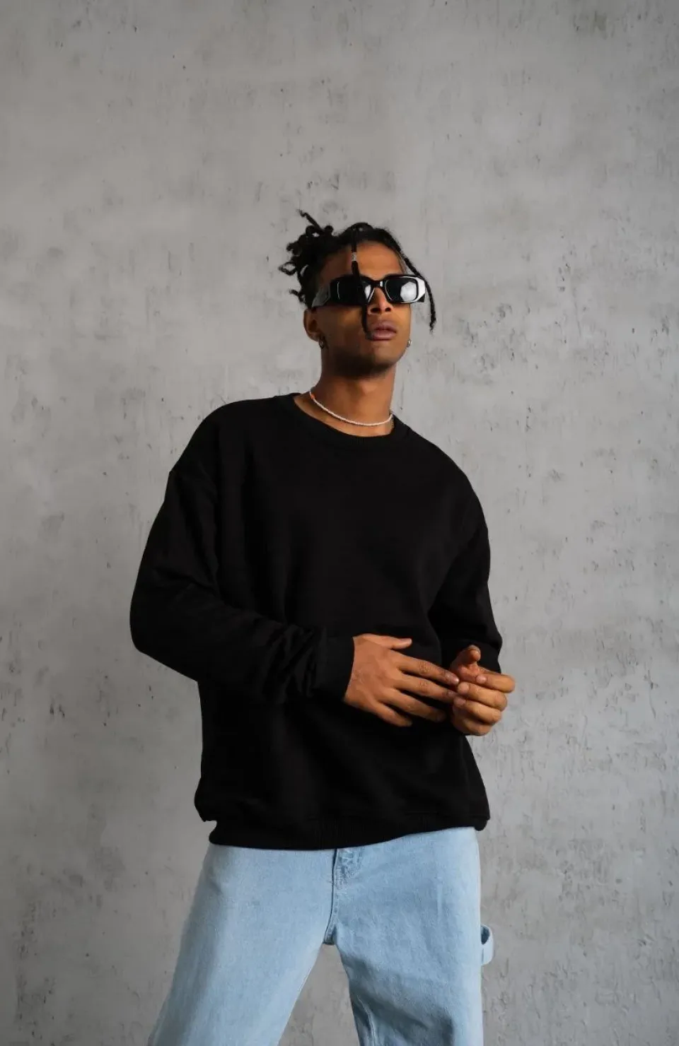 Erkek Düz Bisiklet Yaka Sweat - Siyah