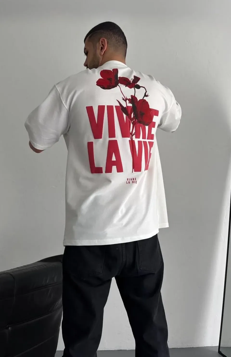 Baskılı Oversize Bisiklet Yaka T-shirt - Beyaz