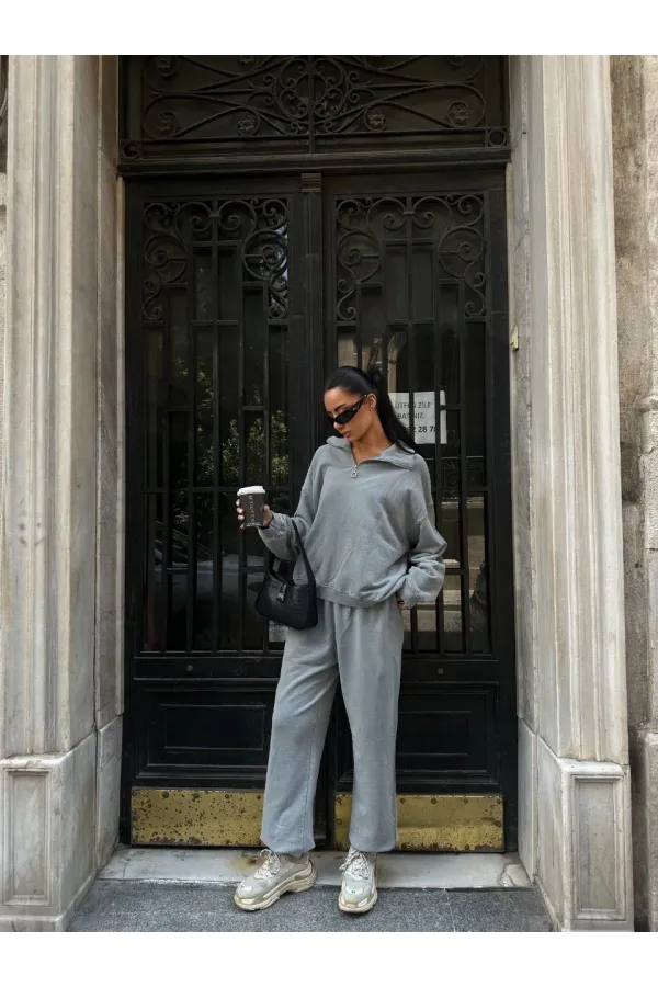 Yıkamalı iki iplik Kumaş Yakalı Fermuarlı Oversize Eşofman Takımı - Gri