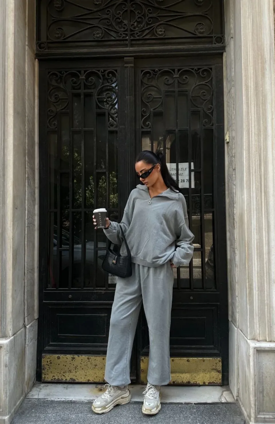 Yıkamalı iki iplik Kumaş Yakalı Fermuarlı Oversize Eşofman Takımı - Gri