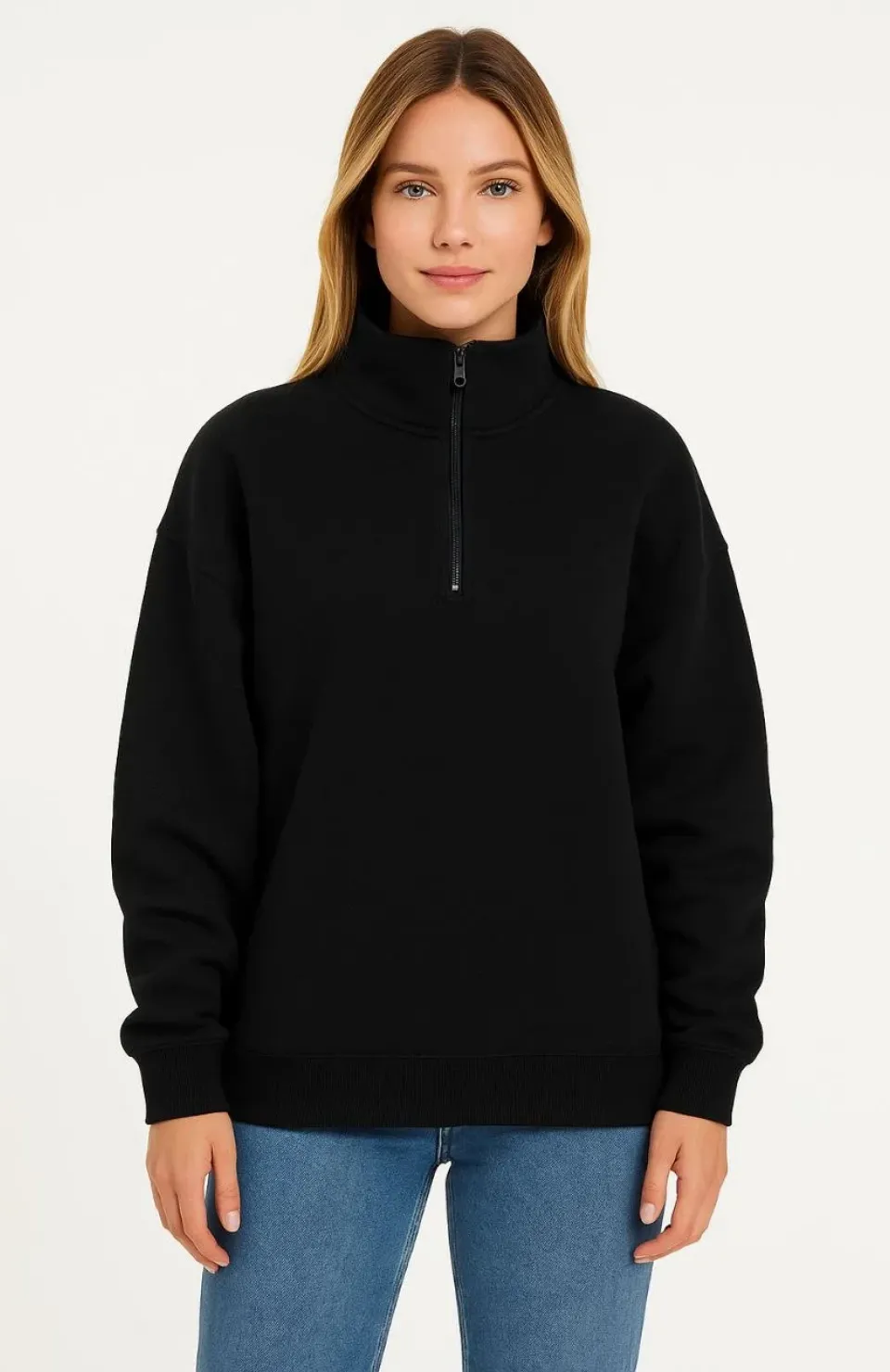 Kadın Üç İplik Dık Yaka Yarım Fermuarlı SweatShirt - Siyah