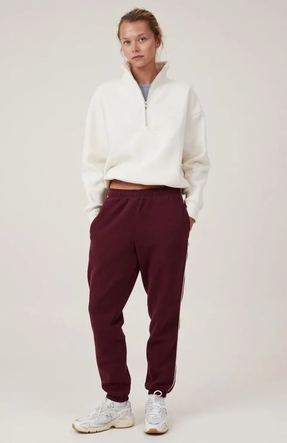 Oversize Yarım Farmuarlı Yakalı Basic SweatShirt - Beyaz