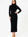Kadın Boğazlı Triko Elbise – Uzun Fitilli Esnek Dokuma, Tam Kalıp, Kışlık & Baharlık Şık Rahat Stil, 130 cm Midi Boy Elbise - Siyah