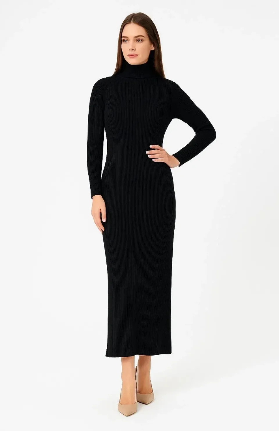Kadın Boğazlı Triko Elbise – Uzun Fitilli Esnek Dokuma, Tam Kalıp, Kışlık & Baharlık Şık Rahat Stil, 130 cm Midi Boy Elbise - Siyah