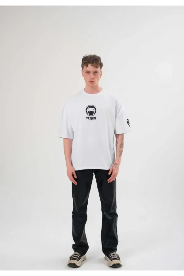 Unisex Bisiklet Yaka Baskılı Oversize T-Shirt - Beyaz