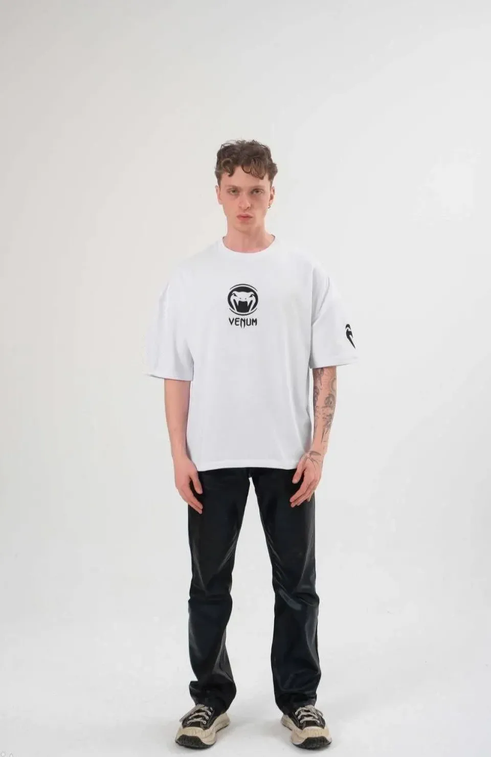 Unisex Bisiklet Yaka Baskılı Oversize T-Shirt - Beyaz