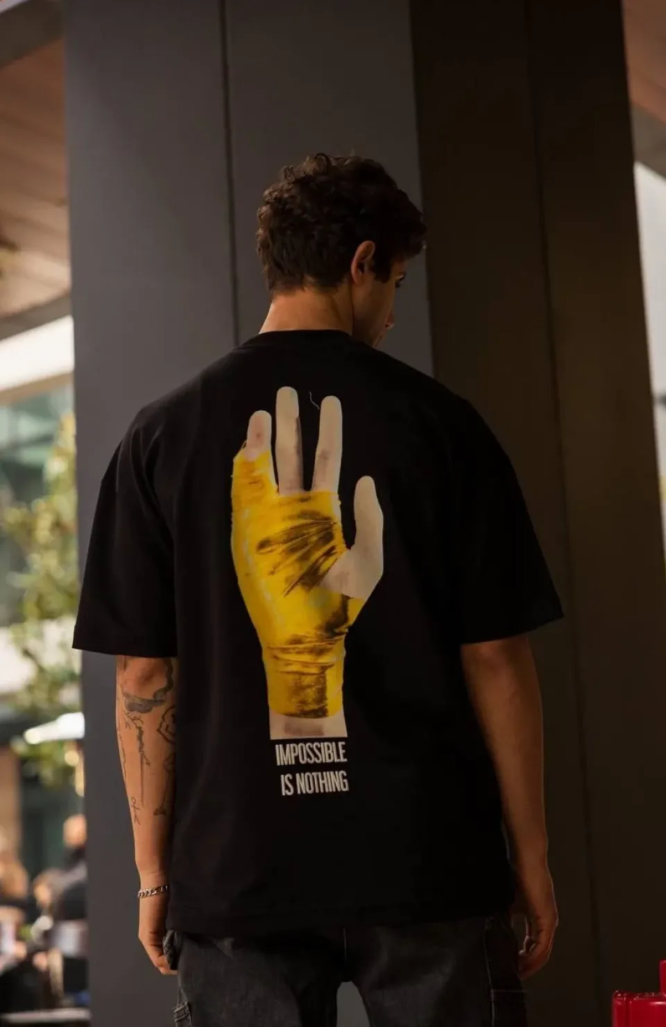 Unisex Bisiklet Yaka Baskılı Oversize T-Shirt - Siyah