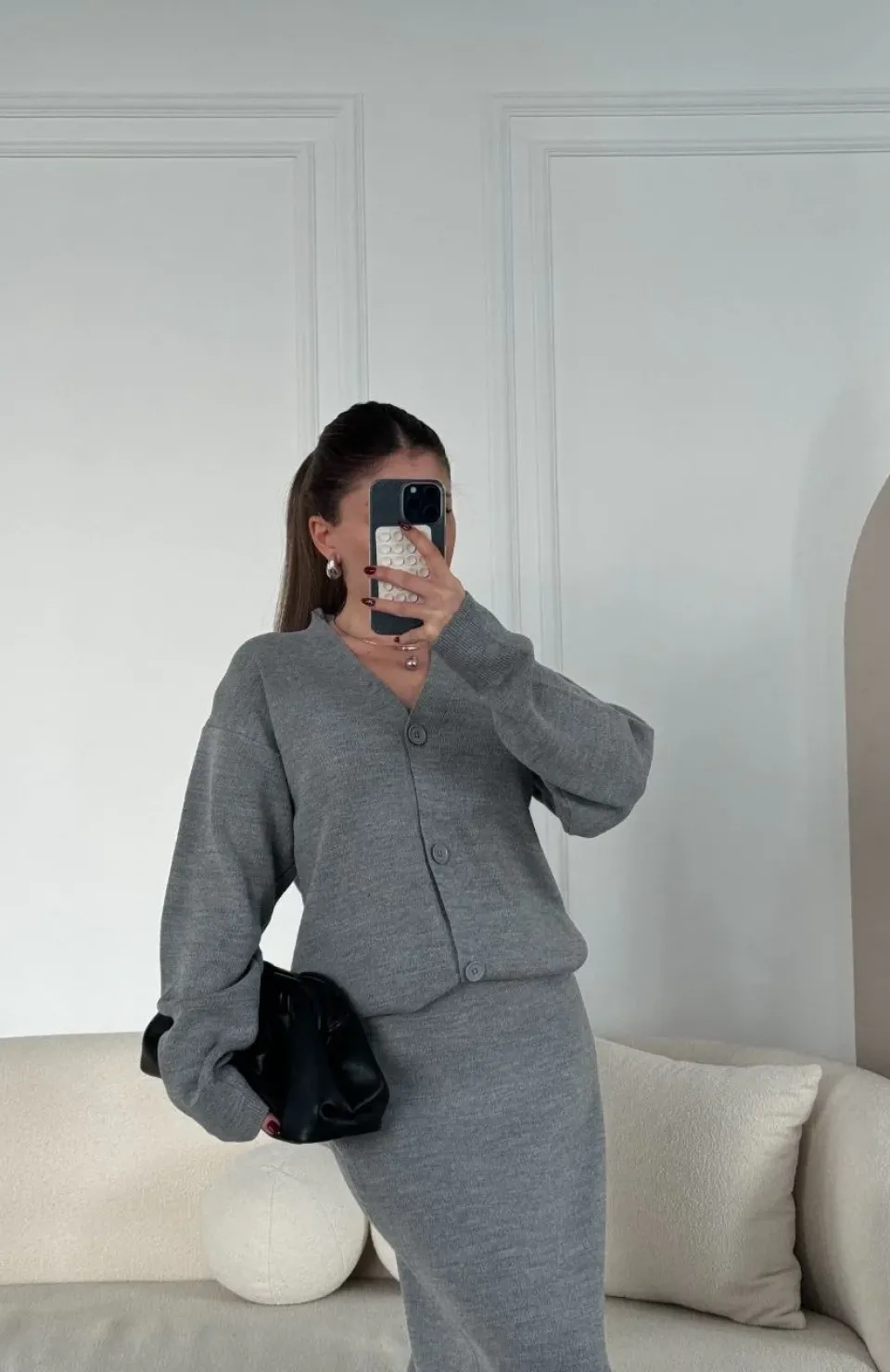 V Yaka 3 Düğmeli Hırka Takım Triko İkili Etekli - Gri