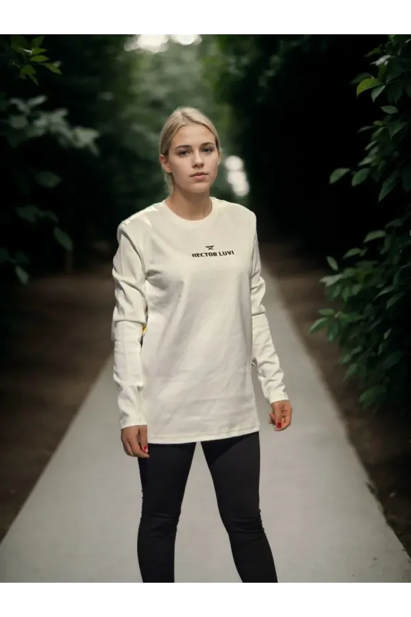 Unisex Bisiklet Yaka Uzun Kollu T-Shirt - Beyaz