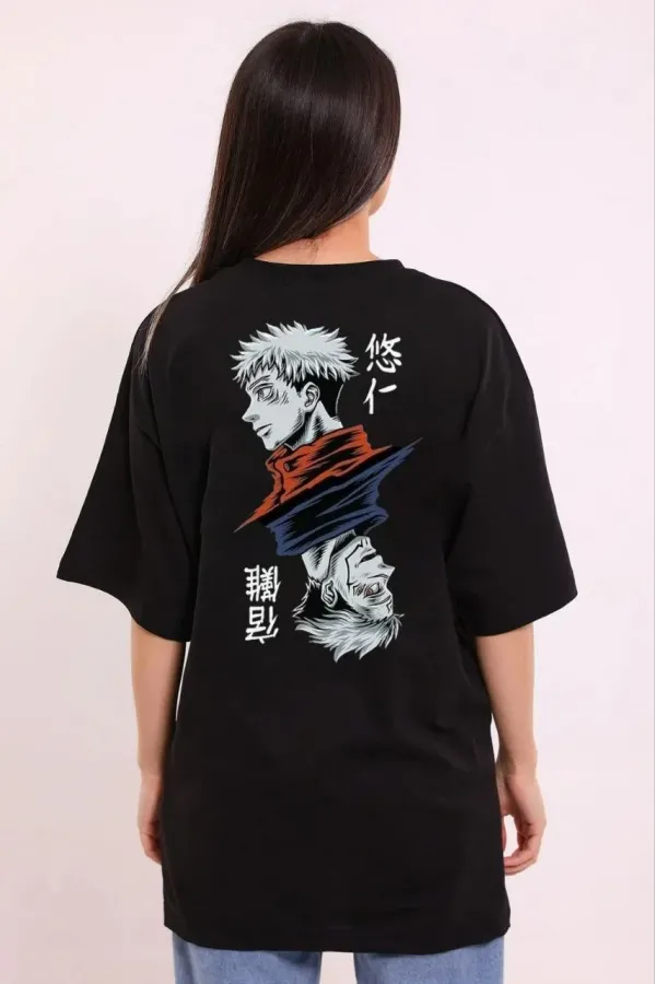 Unisex Bisiklet Yaka Baskılı Oversize T-Shirt - Siyah