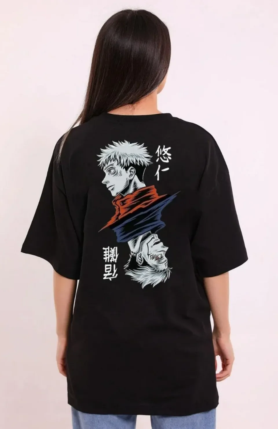 Unisex Bisiklet Yaka Baskılı Oversize T-Shirt - Siyah