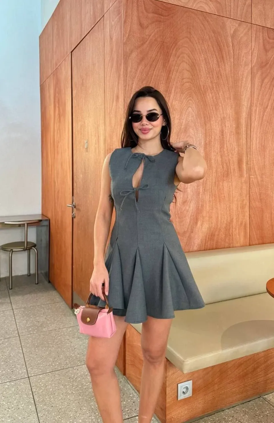 Bağcık detaylı Kolsuz Mini Elbise - Antrasit