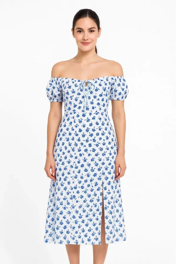Bardot Omuzu Acık Çiçek Desenli Elbise - Desenli