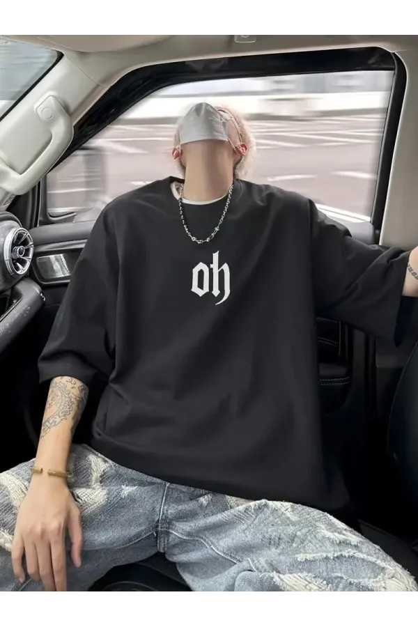 Baskı Oh Erkek Oversive Tişört, Grafik Tişört Erkek Yazlık Outdoor Kıyafetleri, Sporda ve Günlük Giyime Uygun - Siyah