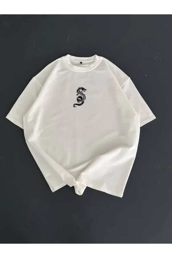 Baskılı Oversize Bisiklet Yaka T-shirt - Beyaz