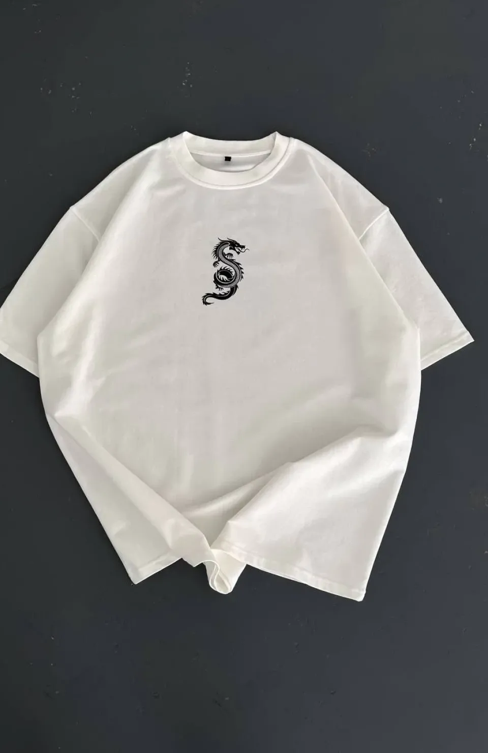 Baskılı Oversize Bisiklet Yaka T-shirt - Beyaz