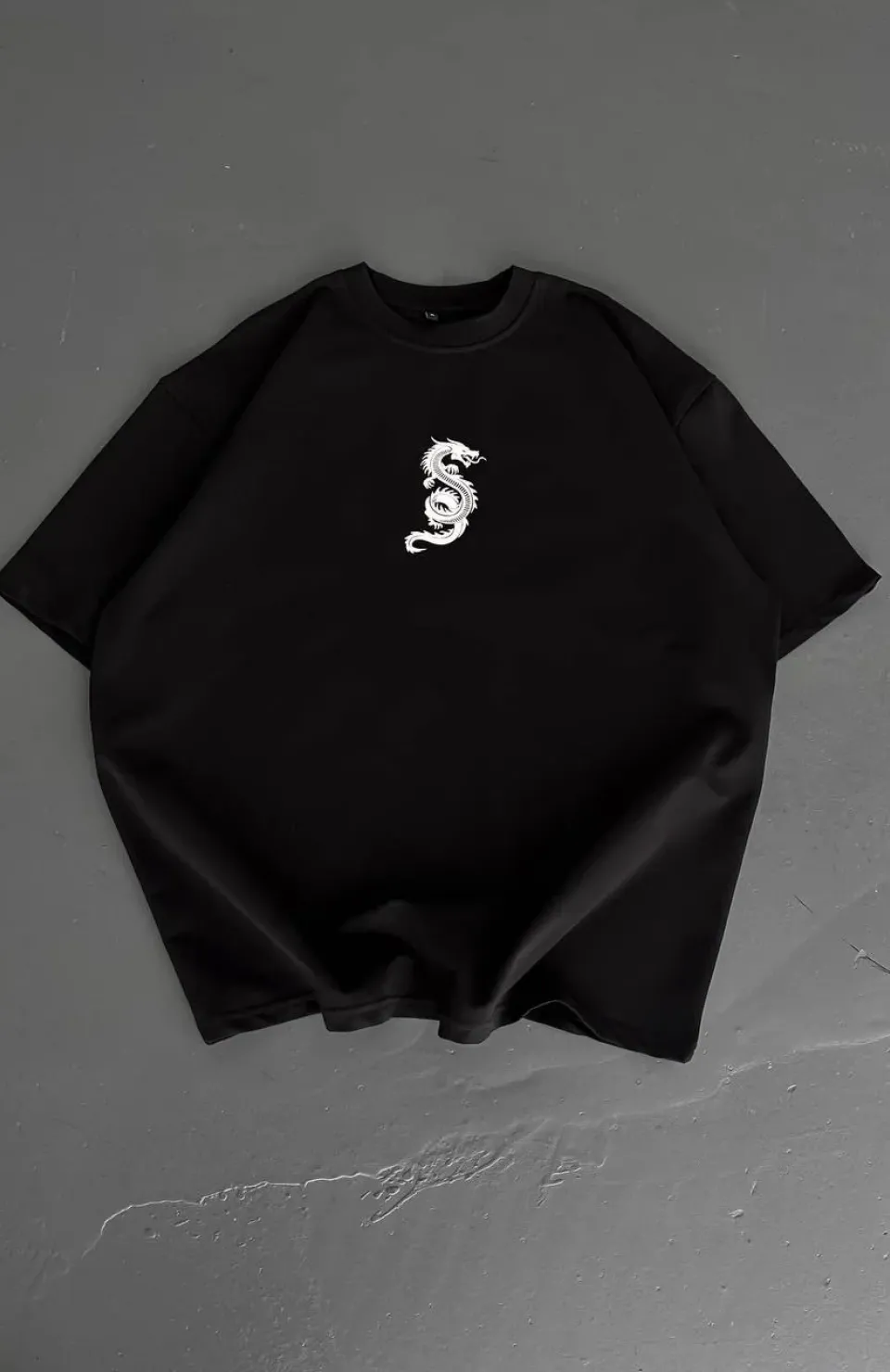 Baskılı Oversize Bisiklet Yaka T-shirt - Siyah