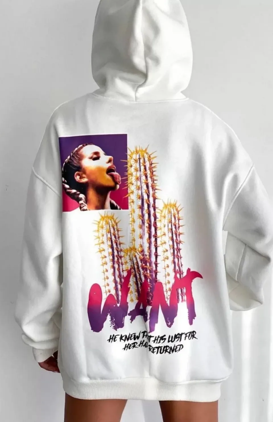 Baskılı Üç İplik Kapüşonlu Oversize Sweatshirt - Beyaz