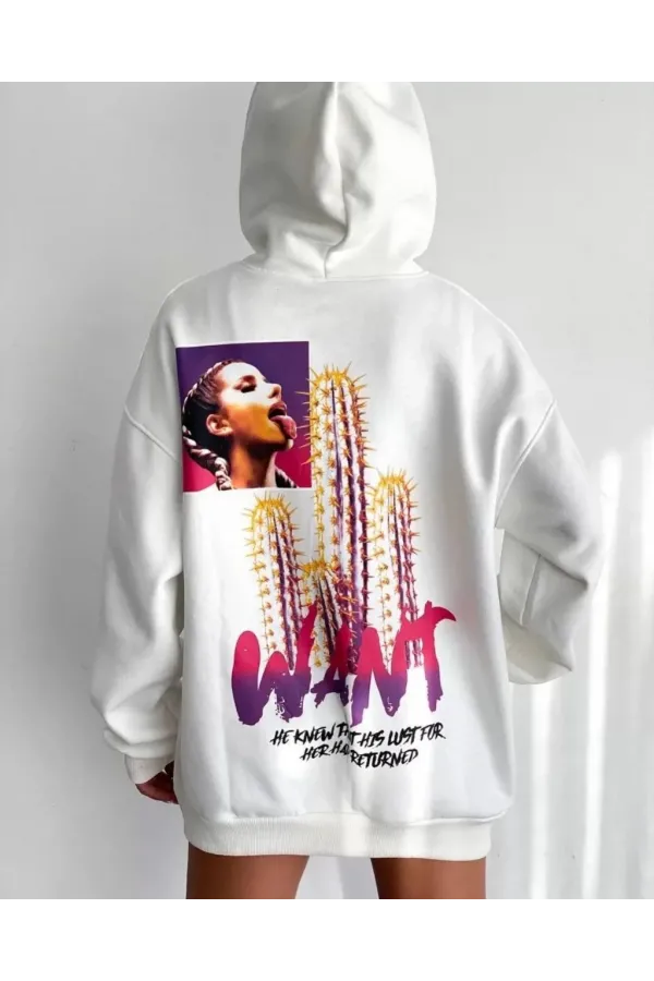 Baskılı Üç İplik Kapüşonlu Oversize Sweatshirt - Beyaz