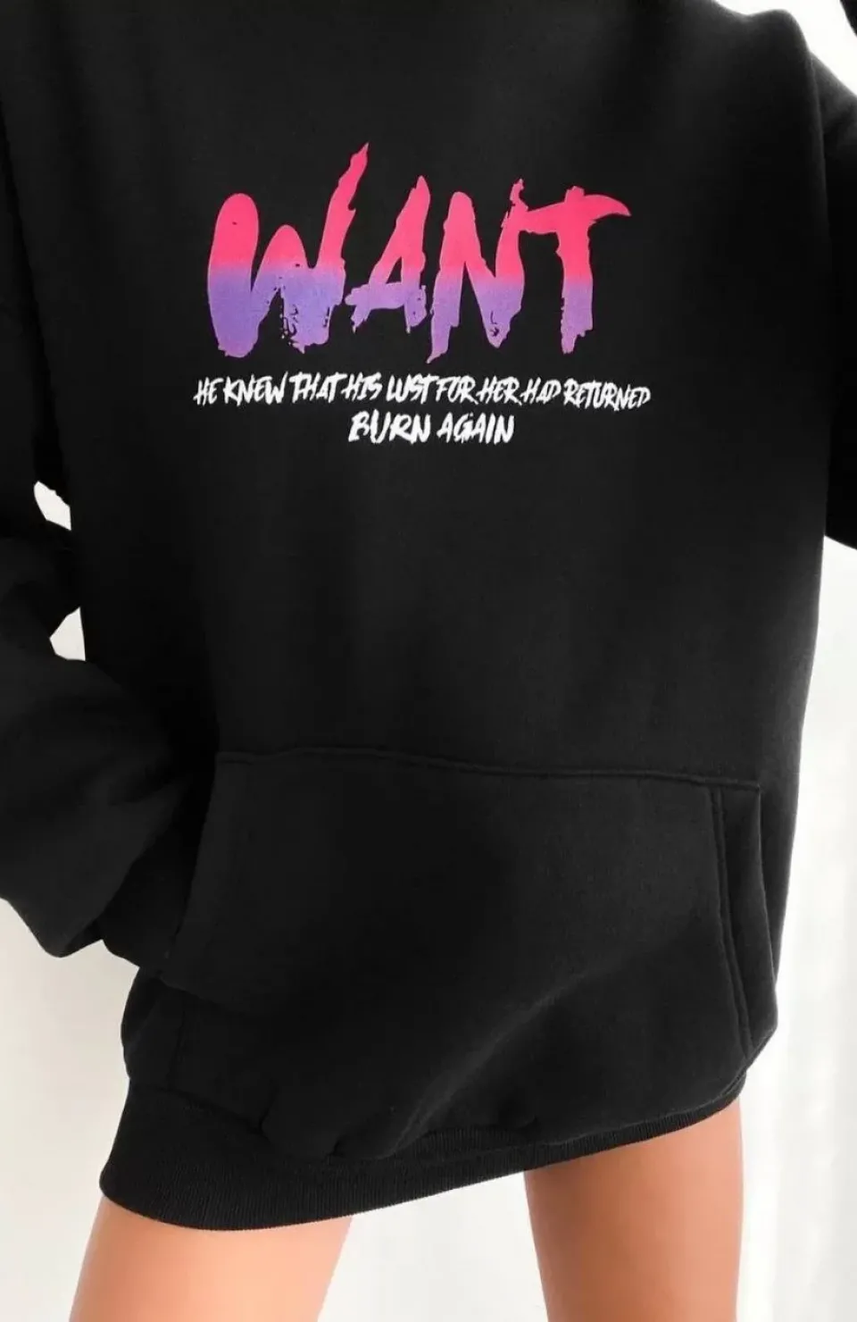 Baskılı Üç İplik Kapüşonlu Oversize Sweatshirt - Siyah