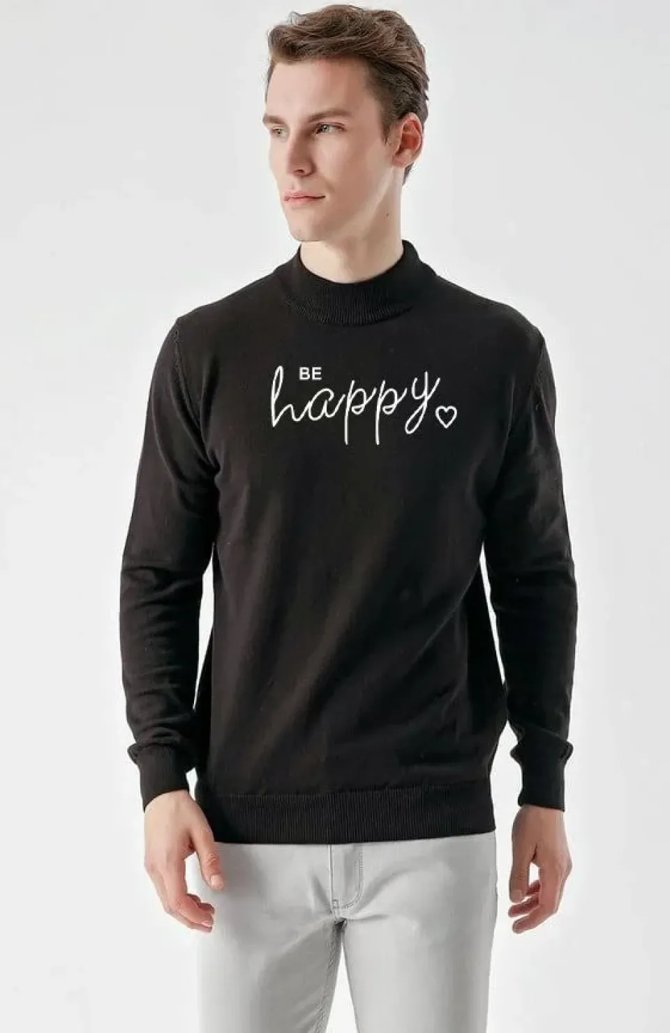 Baskılı Uzun Kol Yarım Boğazlı Dokuma Triko - Siyah