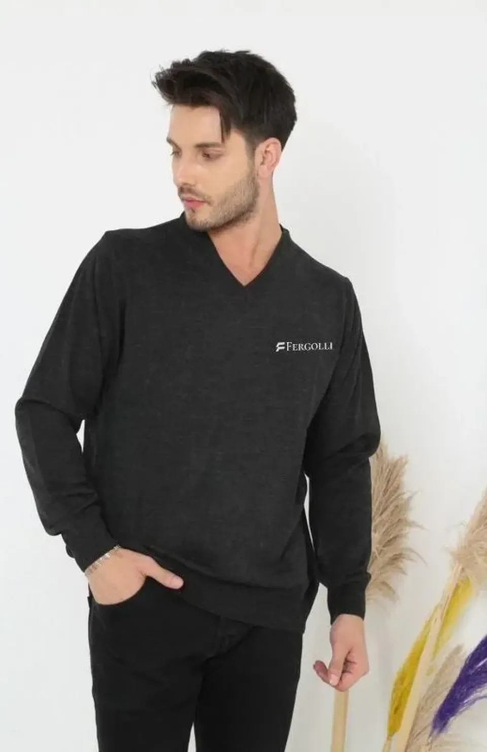 Baskılı V Yaka Uzun Kol Dokuma Triko - Füme