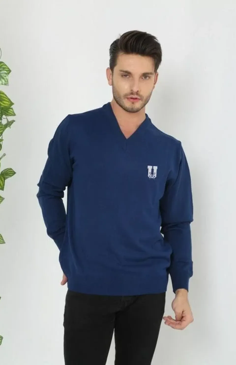 Baskılı V Yaka Uzun Kol Dokuma Triko - Indigo