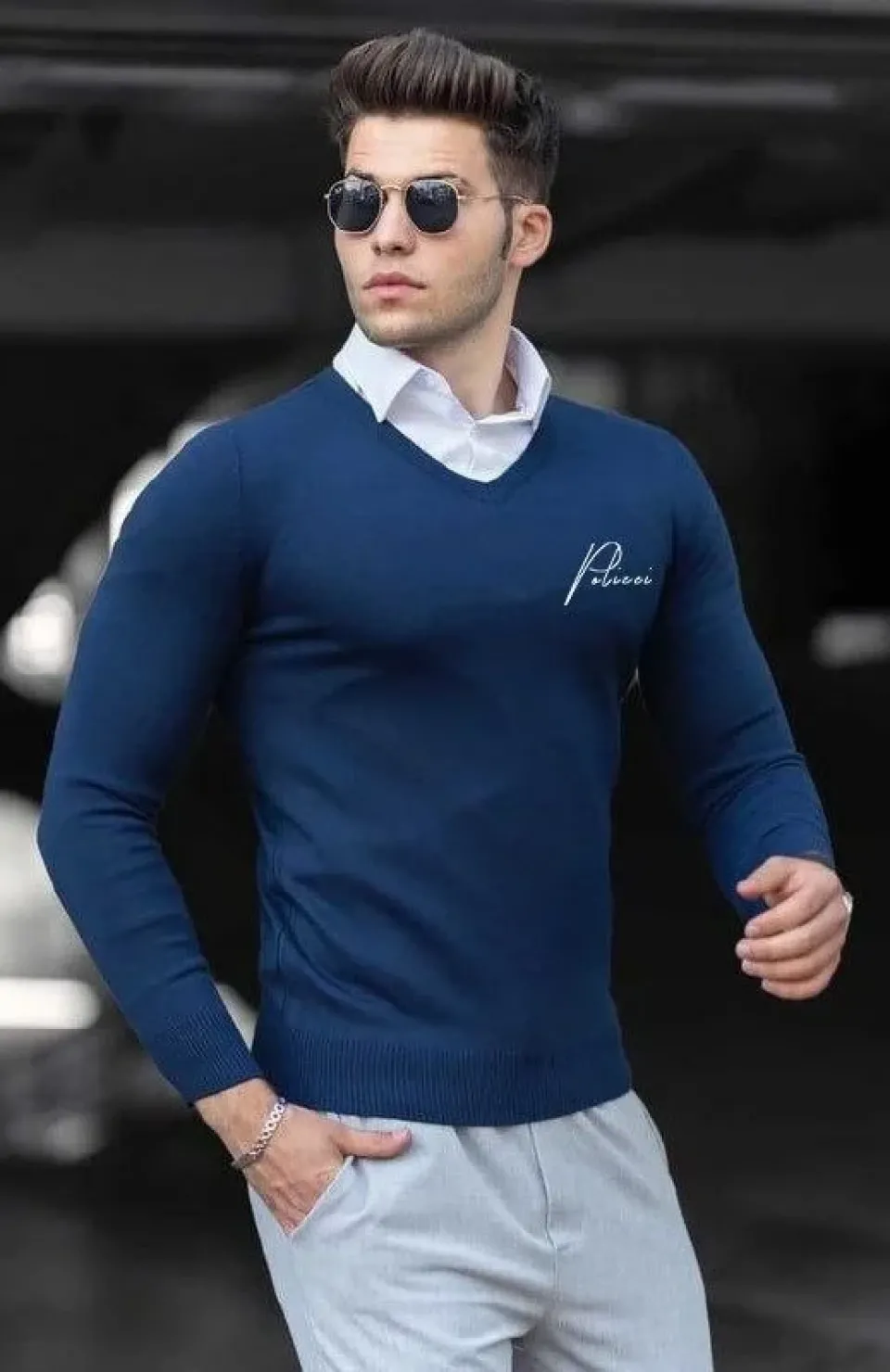 Baskılı V Yaka Uzun Kol Dokuma Triko - Indigo