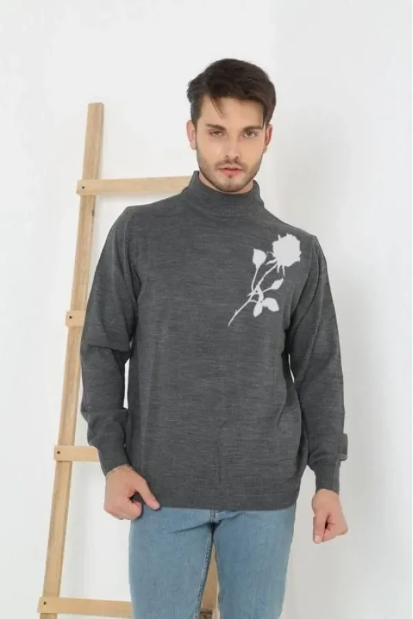 Baskılı Yarım Boğazlı Uzun Kol Dokuma Triko - Füme