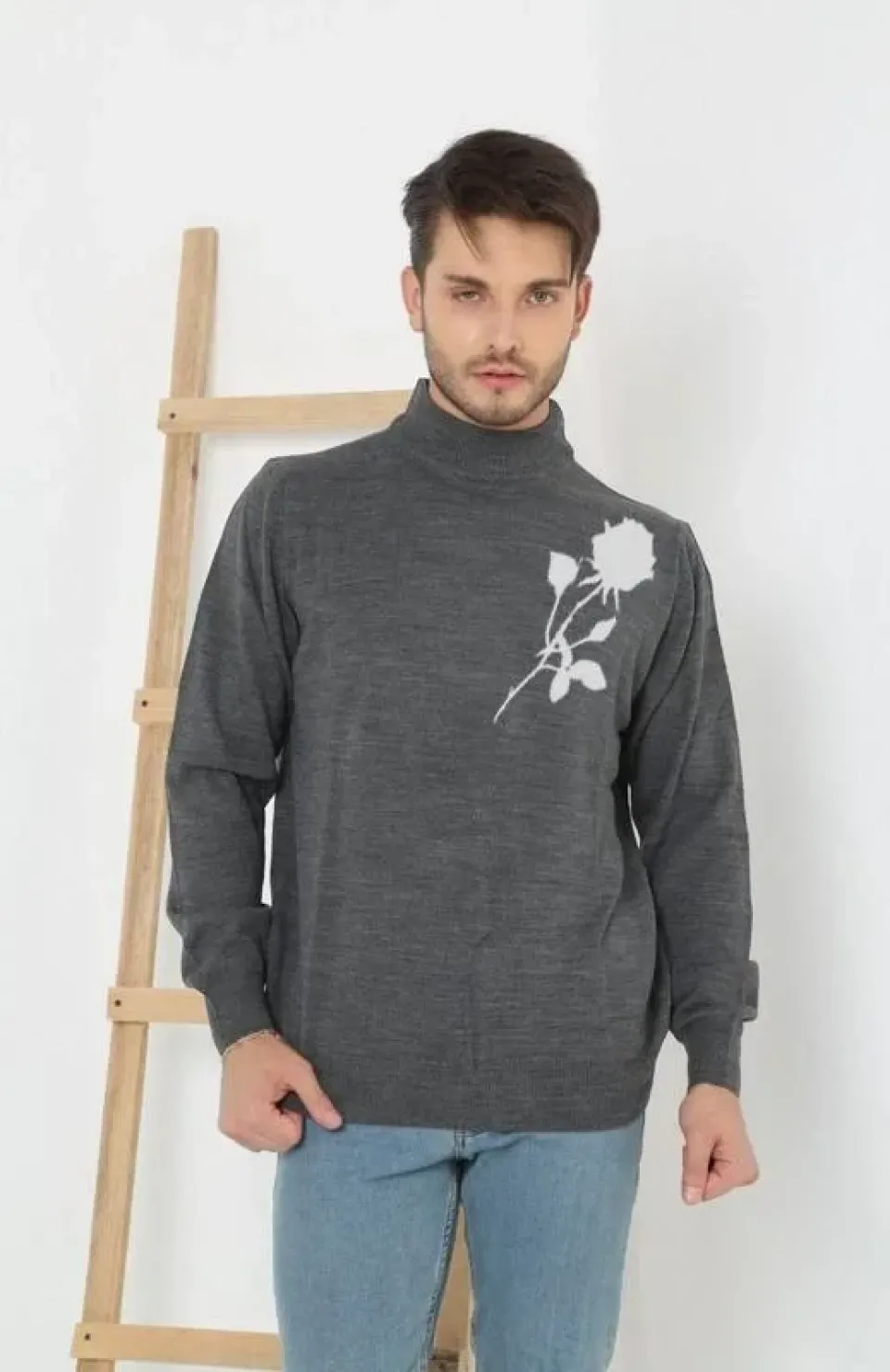 Baskılı Yarım Boğazlı Uzun Kol Dokuma Triko - Füme